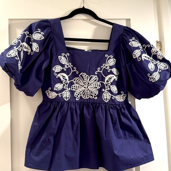JODIFL Tops - JODIFL Navy Blouse with White Embroidery NEW Small